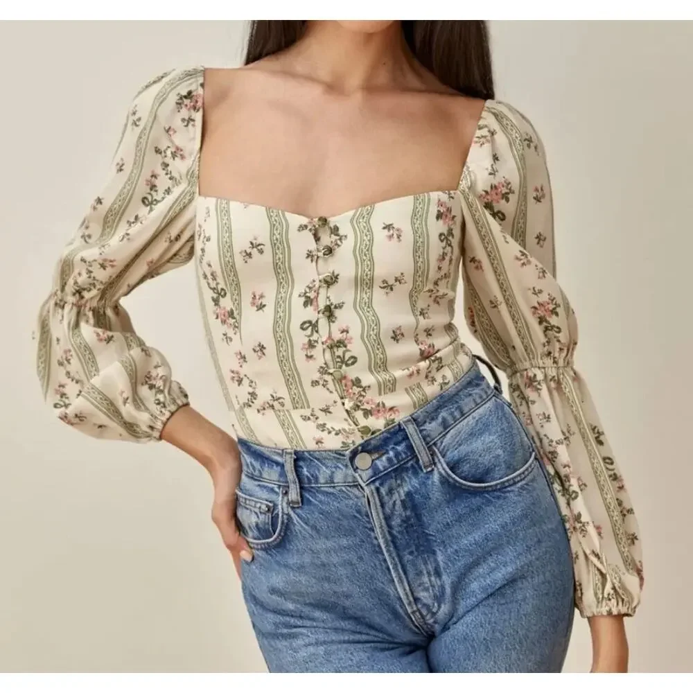 Reformation Cera Floral Pink Green Blouse (4)